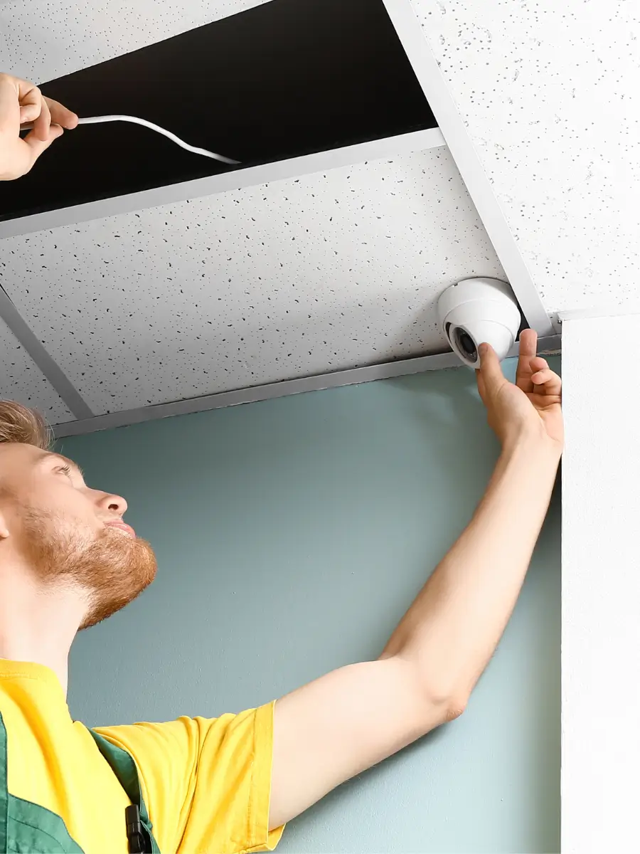 Security technician installing a security camera